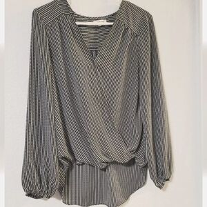 Max Studio Shirt Womens Sz M Faux Wrap High Low Striped Boho Long Sleeve Blouse